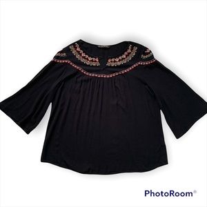 Boho Embroidered Peasant Top Black and Pink Size L